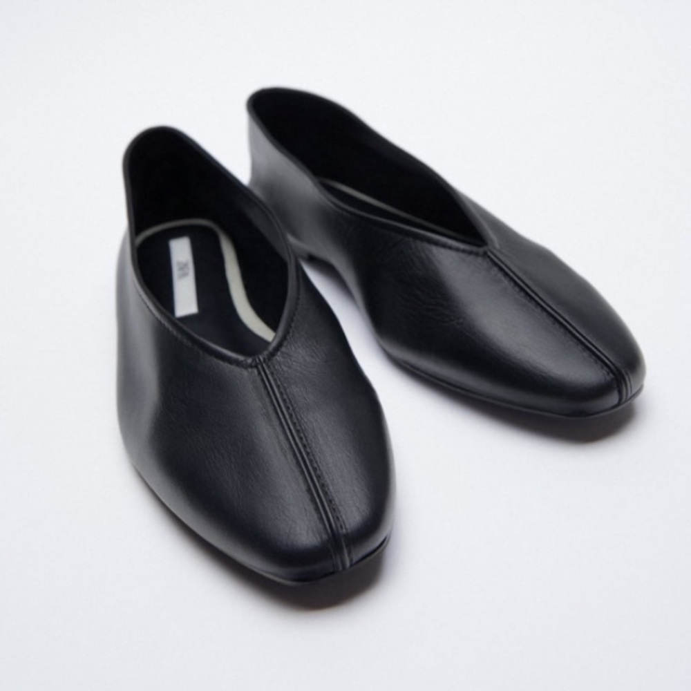 Zara New Black Leather Ballet Flats Shoes, nwt